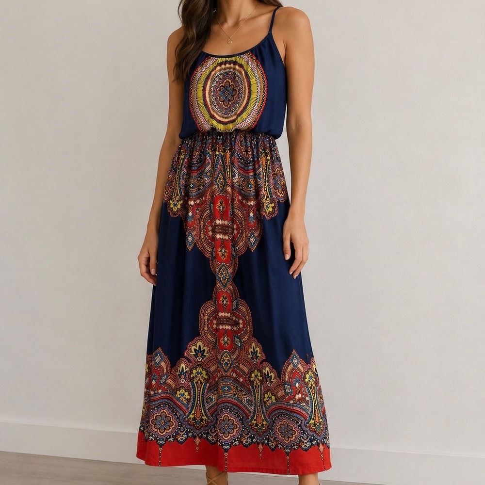 Bailey Blue Boho Maxi Dress Navy Medallion Print Sleeveless Stretch Waist Sz L